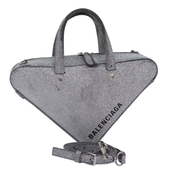 BALENCIAGA Triangle Duffle XS Hand Bag Leather 2way Silver Auth - Picture 1 of 16